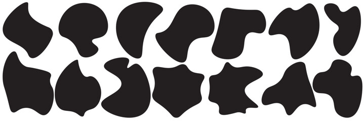 Black wavy blobs. Set of abstract black organic shaped blobs. Collection of black silhouette liquid shapes isolated on white background. Black blotch irregular form vector illustration. 
