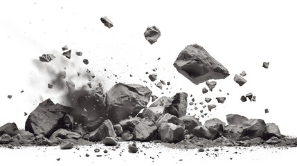 Rock stone white background fall black falling space isolated splash dust mountain cliff flying. Earth stone boulder texture rock abstract broken powder white dirt blast float burst fantasy surface