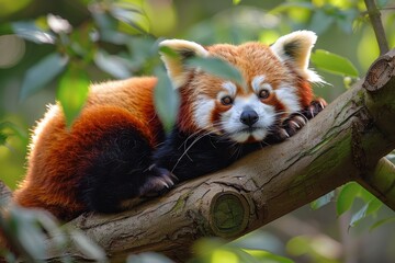 Fototapeta premium A red panda lounging on a tree branch, surrounded by green leaves. The red panda's bushy tail is hanging down and it has a relaxed expression 