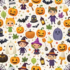 Naklejka premium Seamless Pattern with Different Halloween Elements And Characters on white background