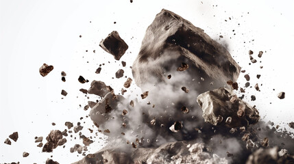 Rock stone white background fall black falling space isolated splash dust mountain cliff flying. Earth stone boulder texture rock abstract broken powder white dirt blast float burst fantasy surface