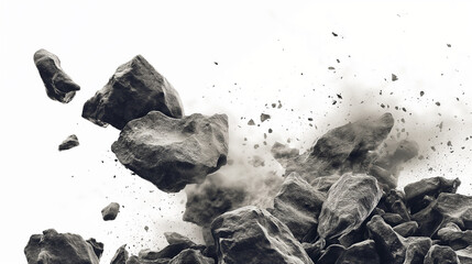Rock stone white background fall black falling space isolated splash dust mountain cliff flying. Earth stone boulder texture rock abstract broken powder white dirt blast float burst fantasy surface