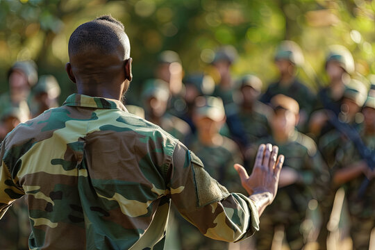 Trainer giving training to military soldiers at boot camp
- Powered by Adobe
