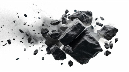 Rock stone white background fall black falling space isolated splash dust mountain cliff flying. Earth stone boulder texture rock abstract broken powder white dirt blast float burst fantasy surface