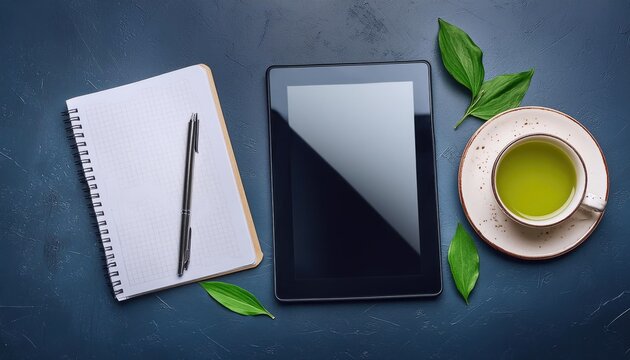 Blogging images, story writing, content ideas, Digital marketing, A blue background with a tablet and book, a pen, and green tea