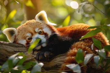Fototapeta premium A red panda lounging on a tree branch, surrounded by green leaves. The red panda's bushy tail is hanging down and it has a relaxed expression 