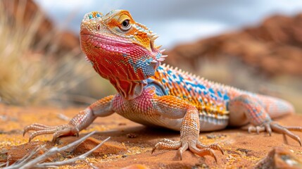Obraz premium A Frilled Lizard basks in the intense desert sun of the arid outback, its frill unfurled in a display of vibrant color and intricate patterns. This iconic Australian reptile blends into the rugged