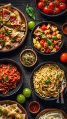 A Beautifully Arranged Composition of Various Italian Foods on a Black Wooden Table. The Food includes Pizza, Pasta, Tomatoes, a bottle of Vinegar, and Stir-Fried Vegetables. Gastronomic Life.
