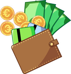 Money coins and cards with euro currency in a wallet illustration in flat design