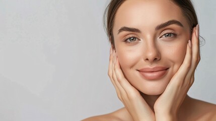A portrait of a beautiful woman shows her touching her face happily after undergoing facial laser aesthetics, chemical peel, and dermatological treatments.
