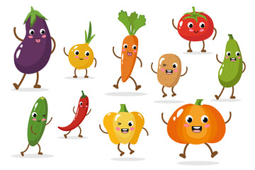 Fototapeta premium Cute cartoon eggplant, tomato, onion, pumpkin, carrot, potato, zucchini, cucumber, pepper. Set of cartoon vegetable characters with emotions. Funny emoticon in flat style with kawaii eyes.