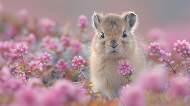 A Pika nibbles on a flower in an alpine meadow, the surrounding landscape filled with blooming plants and majestic mountains. This image highlights the Pika's role in the delicate ecosystem of the