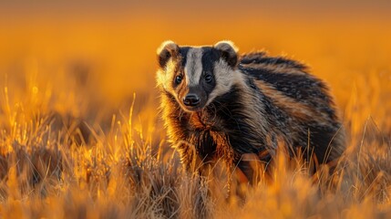 A honey badger roams the arid expanse of a dry savannah, its stocky build and fearless demeanor evident as it forages for food. The golden hues of the sunlit landscape accentuate its rugged