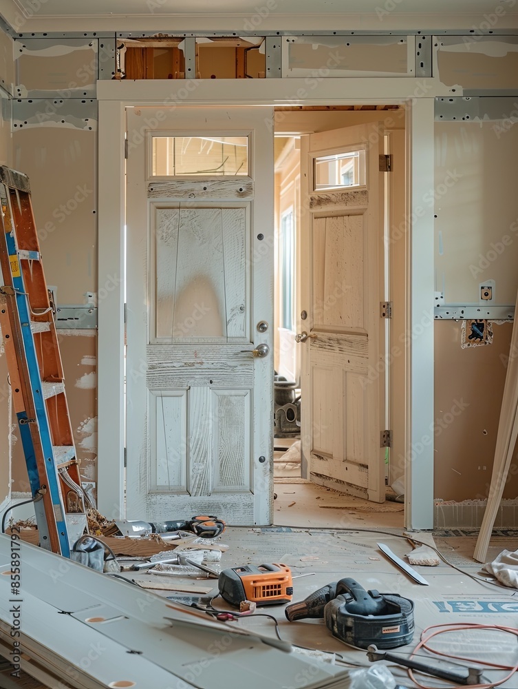 Poster a new interior door is being installed in a home under renovation, with tools scattered around and t