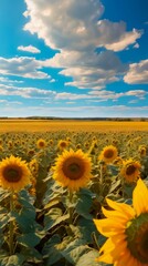 Obraz premium A Vast Field of Sunflowers in Full Bloom Under a Bright Blue Sky with Fluffy White Clouds.