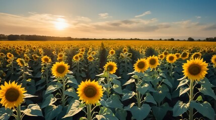 A Vast Field of Sunflowers in Full Bloom Under a Bright Blue Sky with Fluffy White Clouds.