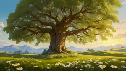 Fototapeta premium An Idyllic Scene of a Serene Green Field Adorned with Daisies Centered Around an Ancient, Majestic Tree. A Place of Tranquility and Rest. Beautiful Place for Meditation and Recovery of the Soul.