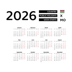 Kenya calendar 2026. Week starts from Monday. Vector graphic design. Swahili language.