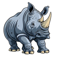 Fototapeta premium Colorful cartoon illustration of a strong rhino, showcasing its powerful horn and sturdy body in a digital artwork. isolated on transparency background, PNG cut out