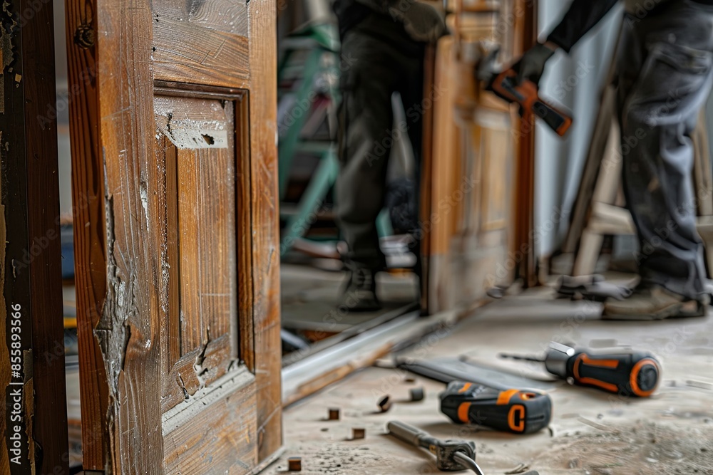 Poster Workers install a new door, carefully replacing the old one with modern construction techniques. Generative AI