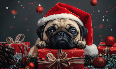 Christmas pug with Gifts, Santa hat, Christmas tree, Christmas theme, illustration background