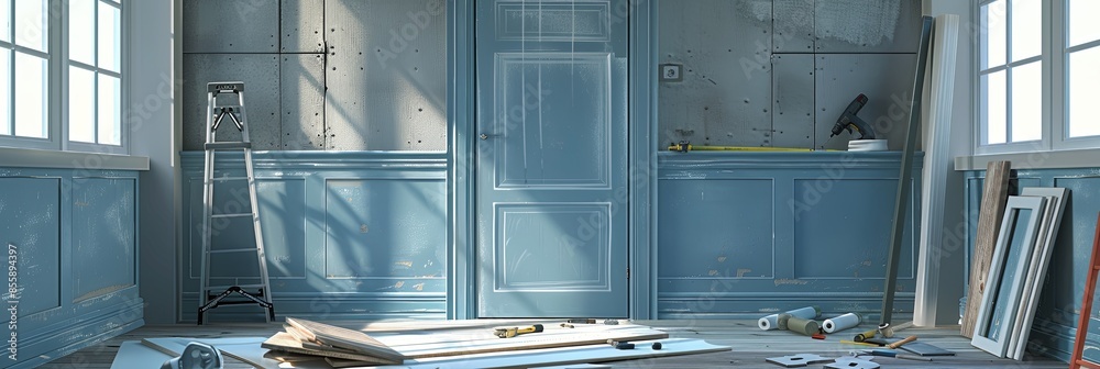 Poster a new door is being installed in a room with blue walls and white trim. tools, including a drill and