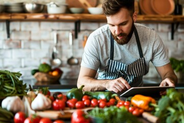 Man cooking leaning on the kitchen bench full of vegetables consulting recipes on a tablet