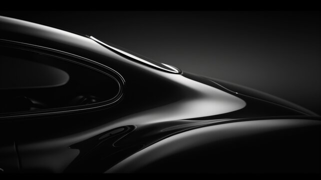 Automotive photography, close-up of fender and hood line on a metallic black car, highlighting the abstract and sleek design.