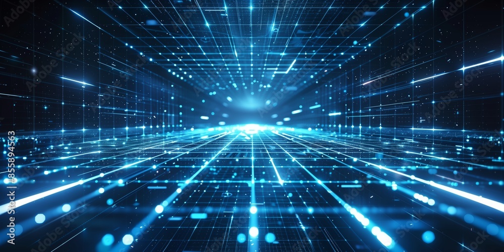Wall mural abstract, futuristic background with blue glowing light rays and a grid pattern, perfect for tech an