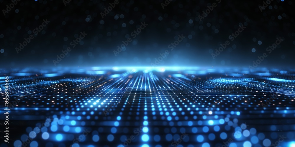 Wall mural abstract, futuristic background with blue glowing light rays and a grid pattern, perfect for tech an