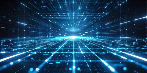 Abstract, futuristic background with blue glowing light rays and a grid pattern, perfect for tech and digital themes.