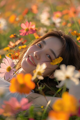 A woman lies in a field of vibrant, colorful flowers, smiling serenely with sunlight illuminating her face, embodying the essence of peace and natural beauty