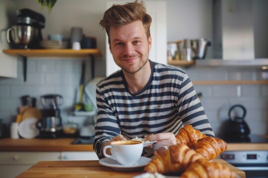 Man in striped shirt having breakfast in the morning a coffee with croissants in the kitchen of his house before work. Front view. Horizontal composition.