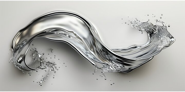 Abstract, sleek silver metallic liquid flowing in the shape of a wave, ideal for modern and creative design themes.