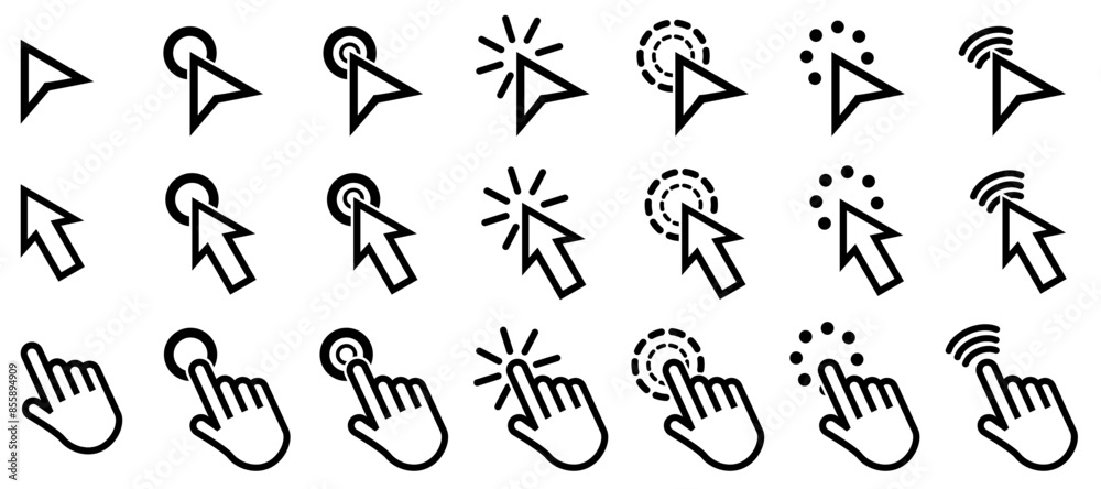 Aufkleber Click cursor icon collection. Set of computer mouse symbol. Arrow, hand, hourglass, mouse. Computer mouse click cursor arrow and loading icons