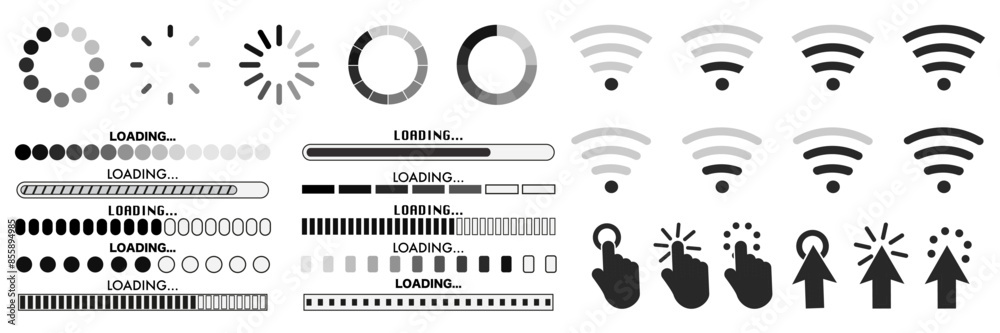 Leinwandbilder Click cursor icon and loading bar collection. Set of computer mouse, loading bar, update symbol