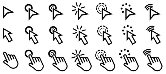 Click cursor icon collection. Set of computer mouse symbol. Arrow, hand, hourglass, mouse. Computer mouse click cursor arrow and loading icons