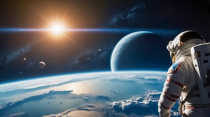 Obraz premium An Astronaut Looking Into the Distance of Endless Space. An Uninhabited Planet in a Distant Solar System. A Distant Sn Illuminating Two Planets in a Distant Solar System.