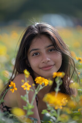 Naklejka premium Beautiful Young Woman Amidst Blooming Yellow Flowers in a Sunlit Field During Springtime, Capturing the Essence of Natural Beauty, Serenity, and Joy in a Picturesque Meadow
