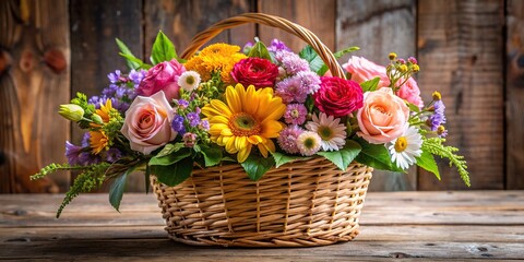 A beautiful bouquet of assorted flowers arranged in a rustic basket, flowers, bouquet, arrangement, floral, nature, colorful
