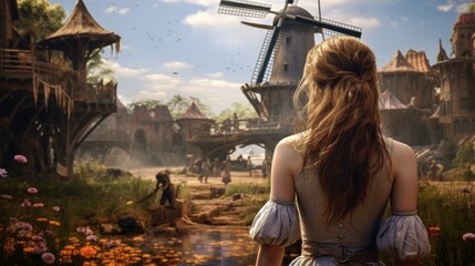 A beautiful young woman wandering around the famous windmill square