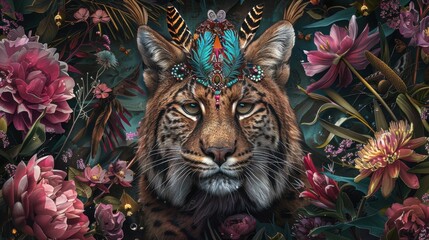 A painting of a tiger with feathers on its head