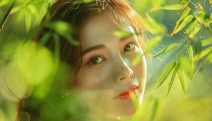 Fototapeta premium Enchanting Portrait of a Woman Surrounded by Soft Greenery and Sunlight Nature's Beauty, Subtle Elegance, Tranquil Setting, Close up Shot, Warm and Serene Atmosphere, Dreamy Vibes