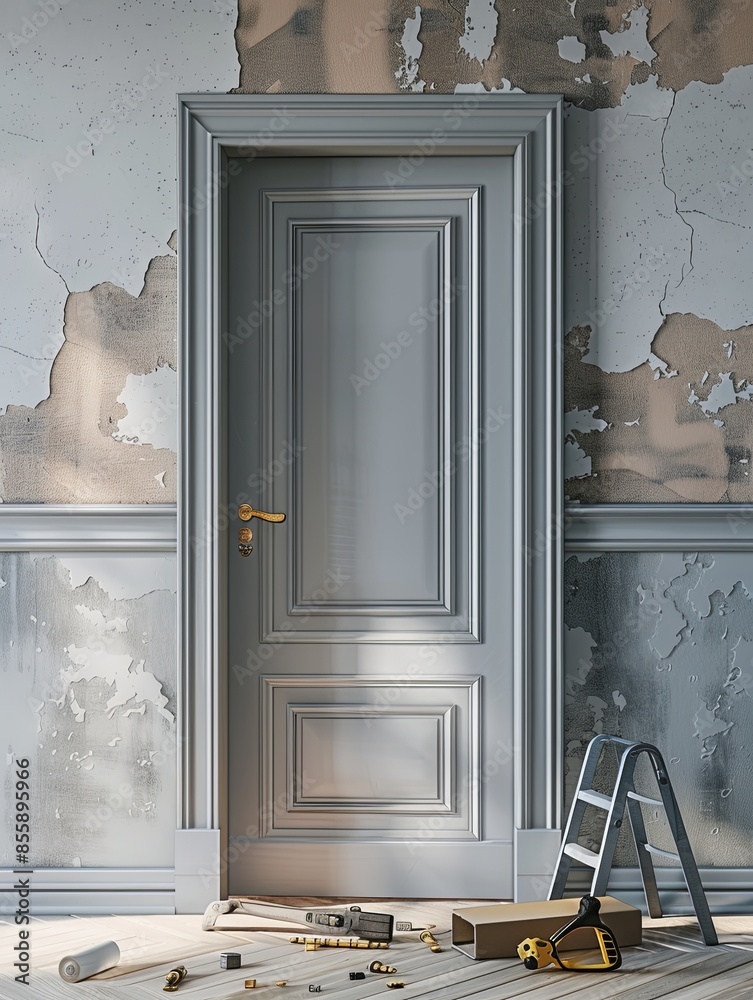 Poster A new door is being installed, with the old door partially visible and tools scattered around. The image captures the professionalism and care in the installation process. Generative AI
