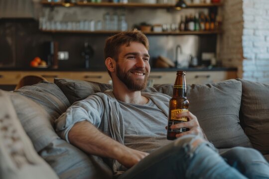 Man smiling and drinking from a bottle of beer sitting on the sofa in the living room at home