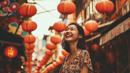 Cheerful Asian woman enjoying a walk through the bustling Chinatown district in central Bangkok. Plenty of Copy Space.