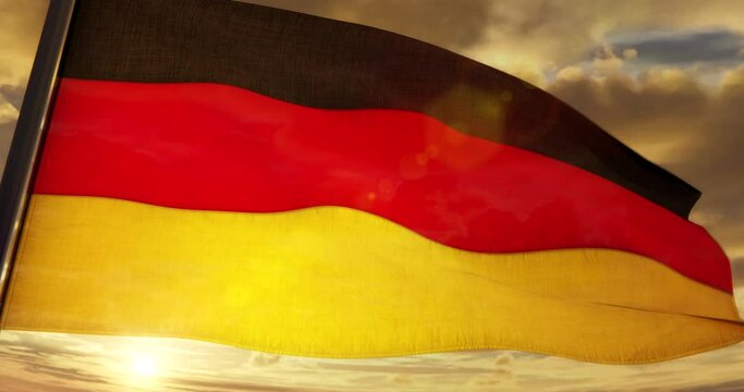 3D Rendering - Flag of Germany close up waving smoothly at sunset backlighted on yellow cloudy sky - 4K H264 Seamless loop