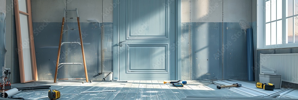 Poster a close-up view of a freshly installed door, with tools and materials scattered around, showcasing t