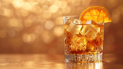 A whiskey glass with ice and orange slice on a bokeh background.