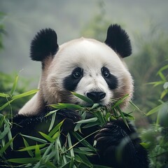 Adorable Panda Bear Munching on Bamboo in Lush Green Forest Environment